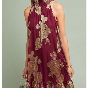 Anthropologie Burgundy Metallic Rose Dress Size 10